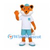 Orange Fox Mascot Costume with White Shirt and Turquoise Shorts