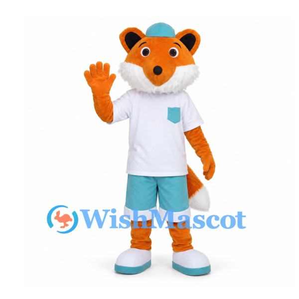 Orange Fox Mascot Costume with White Shirt and Turquoise Shorts
