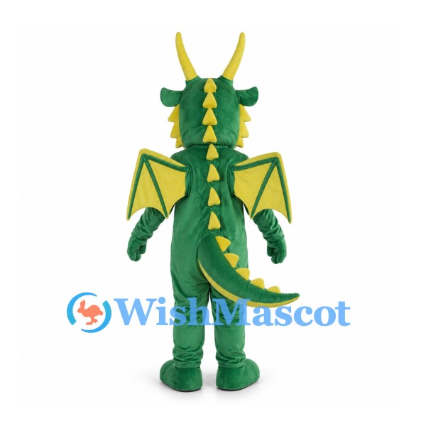 Green Dragon Mascot Costume with Yellow Wings and Long Horns