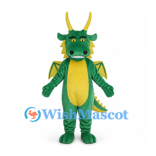 Green Dragon Mascot Costume with Yellow Wings and Long Horns