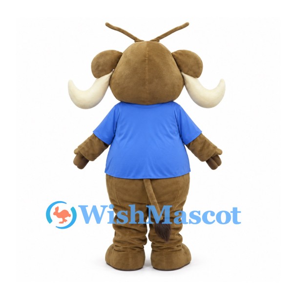 Brown Warthog Mascot Costume with Blue Shirt and White Tusks