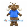 Brown Warthog Mascot Costume with Blue Shirt and White Tusks