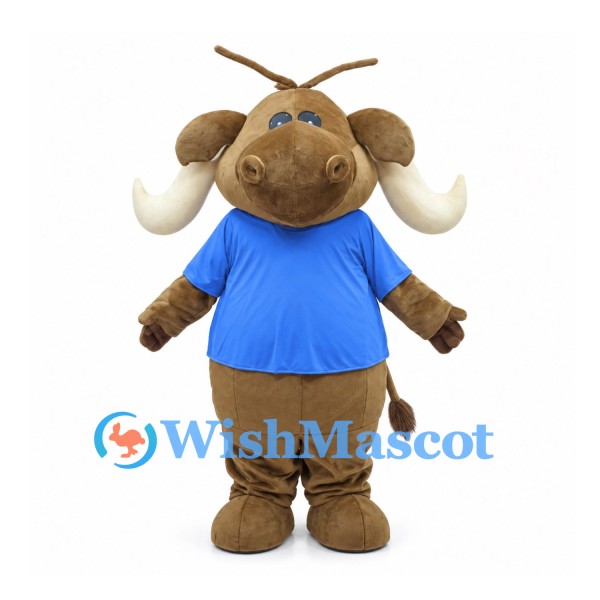 Brown Warthog Mascot Costume with Blue Shirt and White Tusks