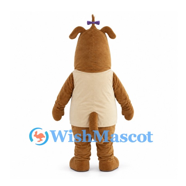 Brown Dog Mascot Costume with Purple Head Bow and Cream Belly
