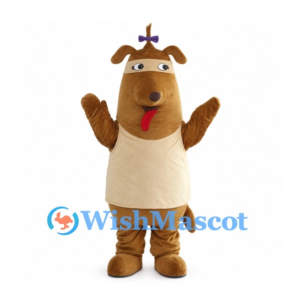 Brown Dog Mascot Costume with Purple Head Bow and Cream Belly