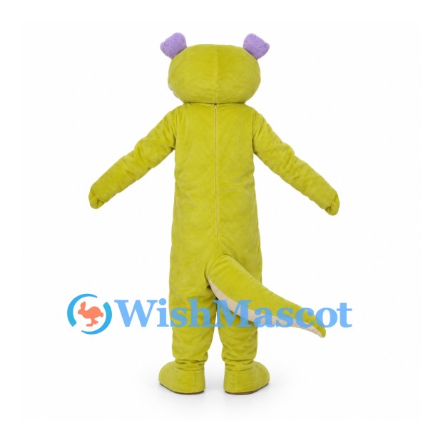 Green Dinosaur Mascot Costume with Striped Belly and Purple Horns