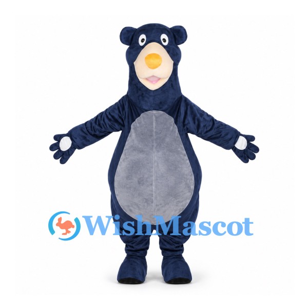 Dark Blue Bear Mascot Costume with Gray Belly and Yellow Nose