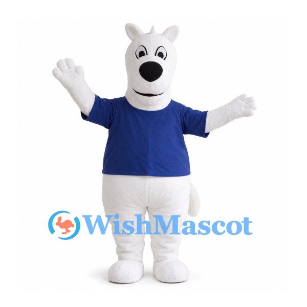 White Dog Mascot Costume with Navy Blue Shirt