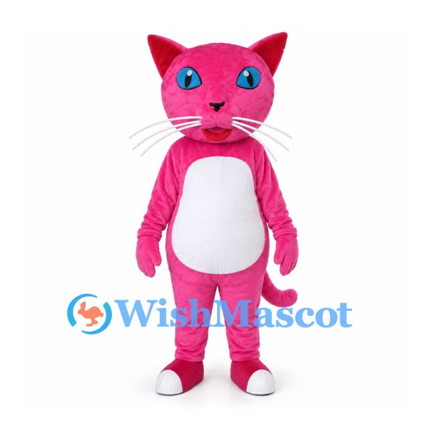 Pink Cat Mascot Costume with Blue Eyes and White Whiskers