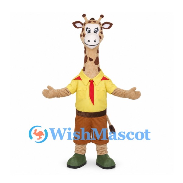 Giraffe Mascot Costume with Yellow Scout Shirt and Brown Shorts