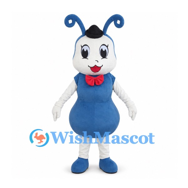 Blue Ant Mascot Costume with Red Bow Tie and Black Hat