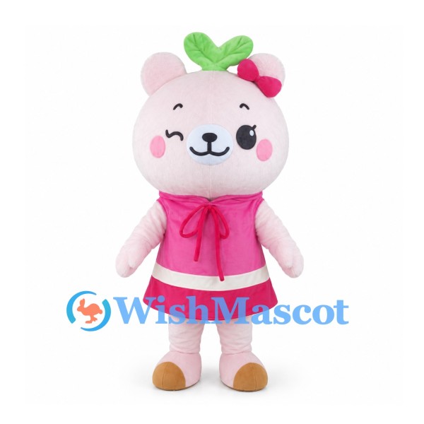 Pink Bear Mascot Costume with Berry Headpiece and Pink Dress