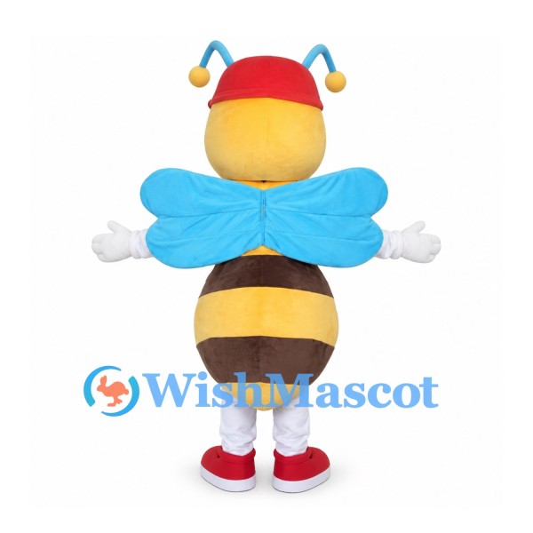 Bee Mascot Costume with Red Cap and Blue Wings