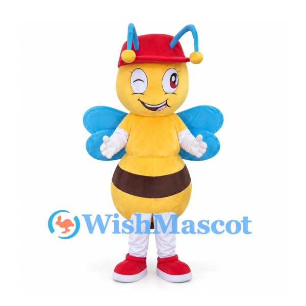 Bee Mascot Costume with Red Cap and Blue Wings