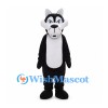 Black and White Wolf Mascot Costume with Blue Eyes and Fangs