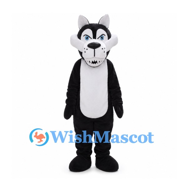 Black and White Wolf Mascot Costume with Blue Eyes and Fangs