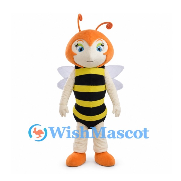 Orange Bee Mascot Costume with Curled Antennae and Clear Wings