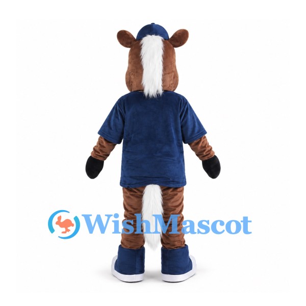 Brown Horse Mascot Costume with Blue Cap and Navy Shirt