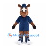 Brown Horse Mascot Costume with Blue Cap and Navy Shirt