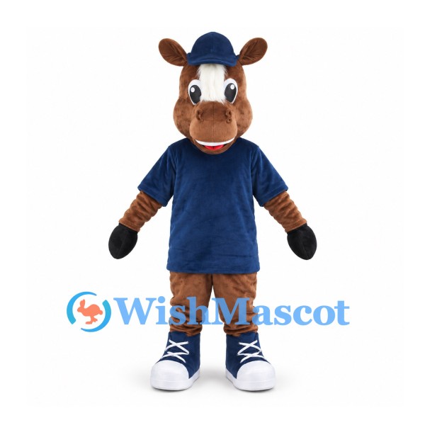 Brown Horse Mascot Costume with Blue Cap and Navy Shirt