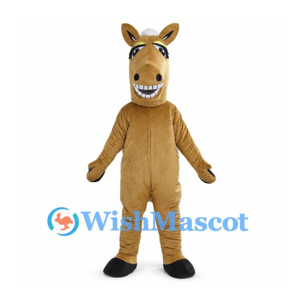 Tan Horse Mascot Costume with Tooth Grin and White Mane
