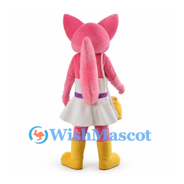 Pink Fox Mascot Costume with White Skirt and Yellow Boots