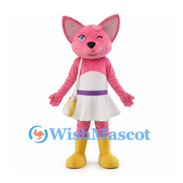 Pink Fox Mascot Costume with White Skirt and Yellow Boots