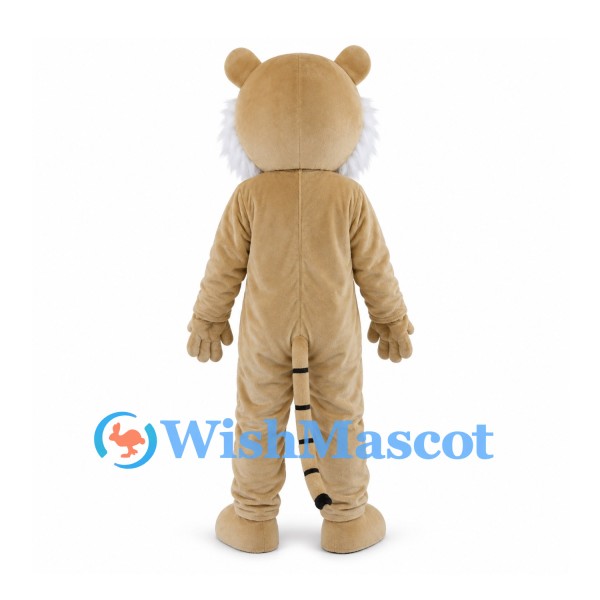 Tan Tiger Mascot Costume with White Cheeks and Striped Tail