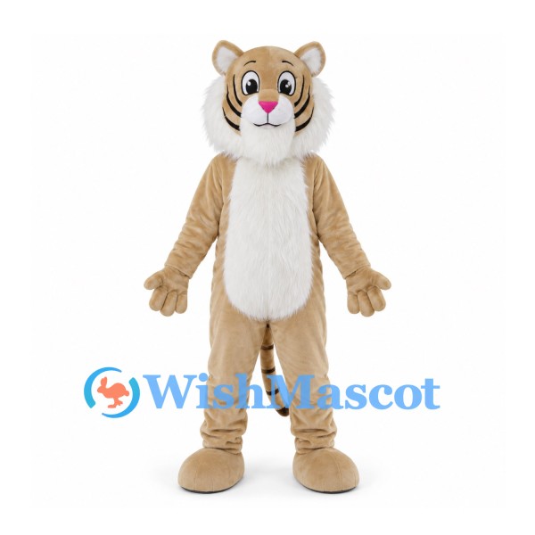 Tan Tiger Mascot Costume with White Cheeks and Striped Tail