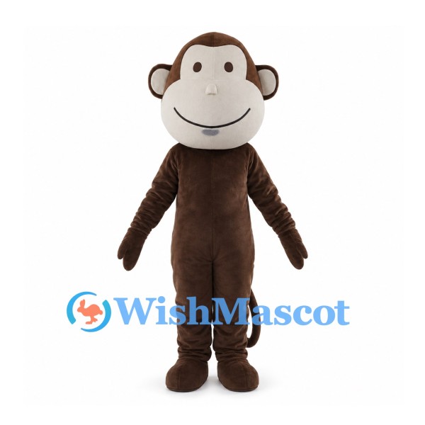 Brown Monkey Mascot Costume with Round Cream Face and Curled Tail