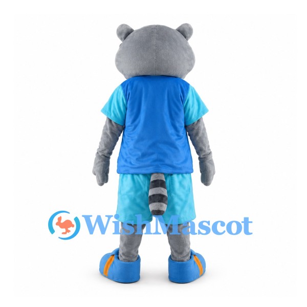 Gray Raccoon Mascot Costume with Blue Glasses and Summer Outfit