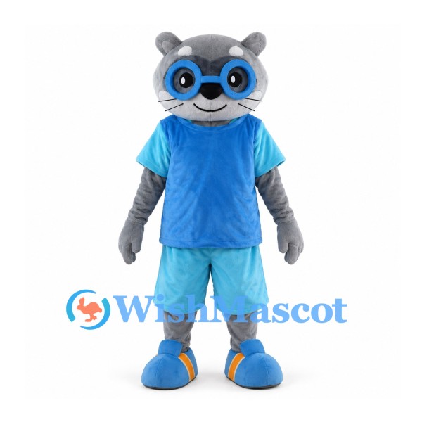 Gray Raccoon Mascot Costume with Blue Glasses and Summer Outfit