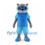 Gray Raccoon Mascot Costume with Blue Glasses and Summer Outfit