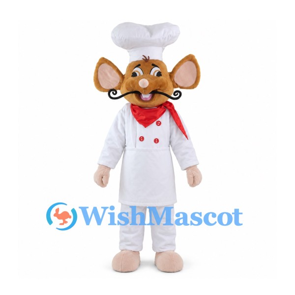 Mouse Mascot Costume with White Chef Uniform and Curled Mustache