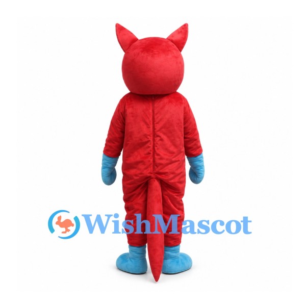 Red Devil Mascot Costume with Blue Gloves and Pointed Tail