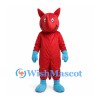 Red Devil Mascot Costume with Blue Gloves and Pointed Tail