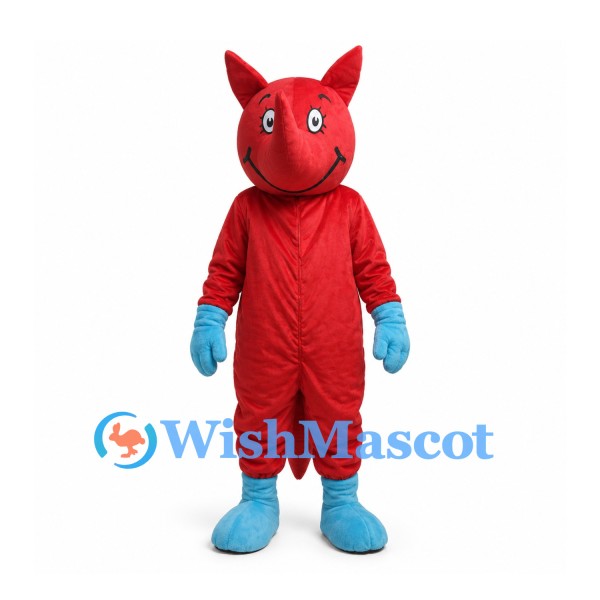 Red Devil Mascot Costume with Blue Gloves and Pointed Tail