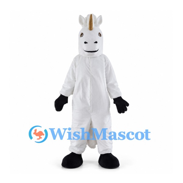 White Unicorn Mascot Costume with Gold Horn and Black Hooves