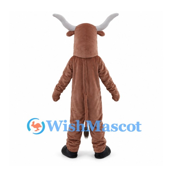 Brown Bull Mascot Costume with Wide Gray Horns and Tooth Grin