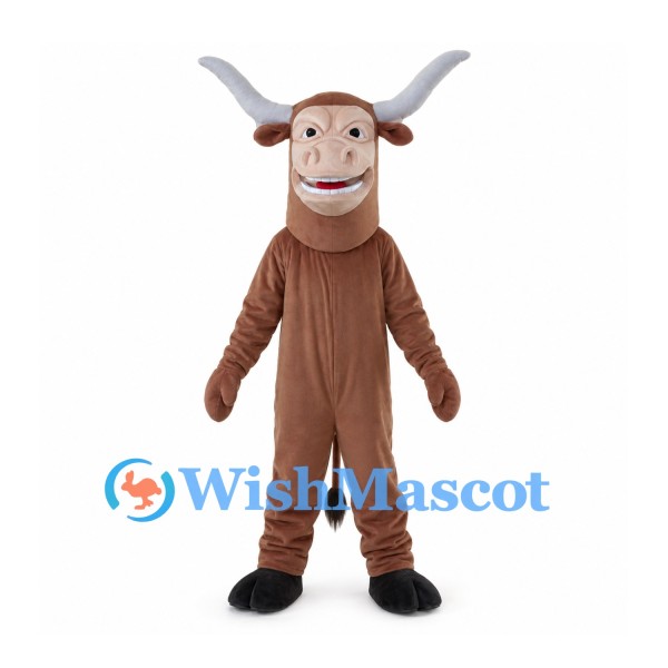 Brown Bull Mascot Costume with Wide Gray Horns and Tooth Grin