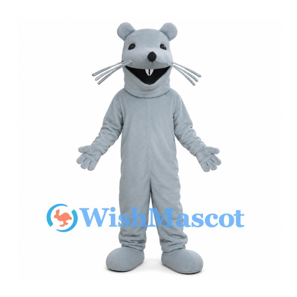 Gray Mouse Mascot Costume with Long White Whiskers and Buck Teeth