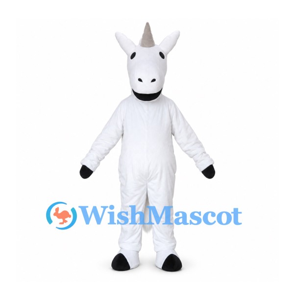 White Unicorn Mascot Costume with Gray Horn and White Mane