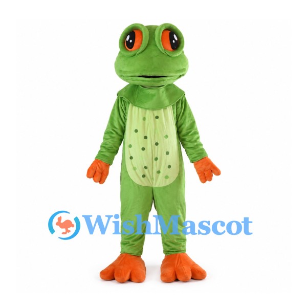 Green Frog Mascot Costume with Red Eyes and Orange Hands
