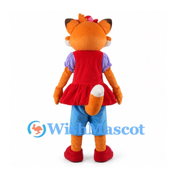 Orange Fox Mascot Costume with Red Dress and Flower Head Bow
