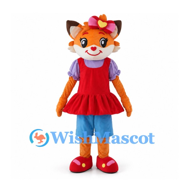 Orange Fox Mascot Costume with Red Dress and Flower Head Bow