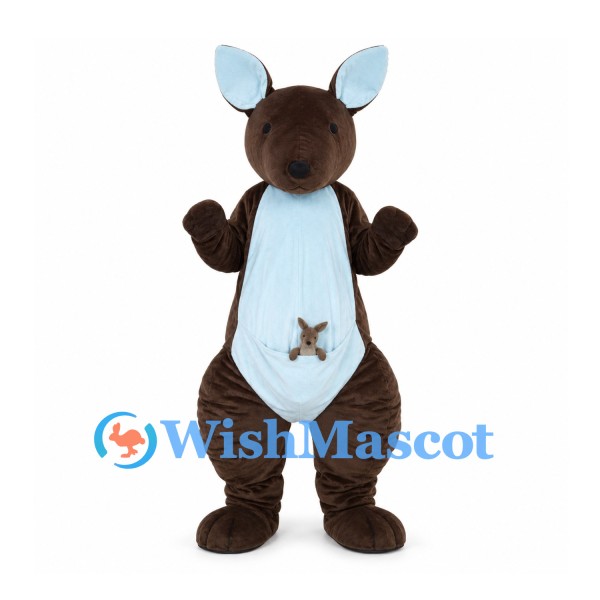 Brown Kangaroo Mascot Costume with Blue Pouch and Joey Detail
