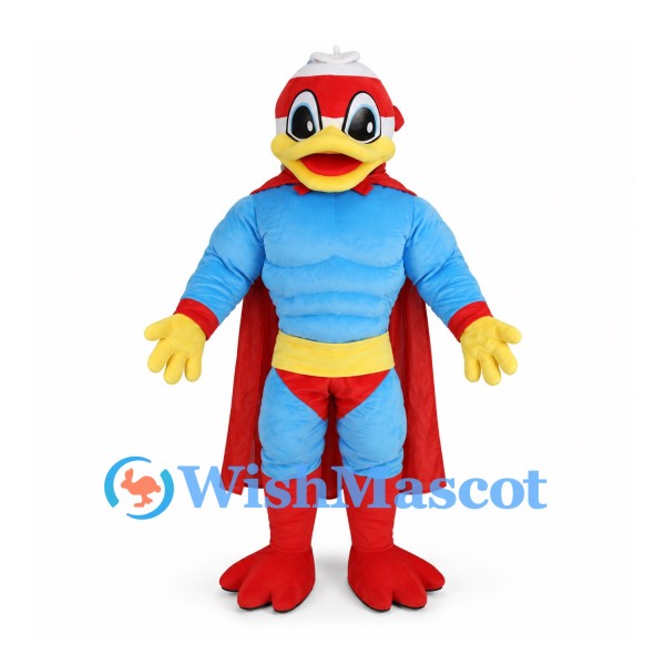 Superhero Duck Mascot Costume with Blue Muscle Suit and Red Cape