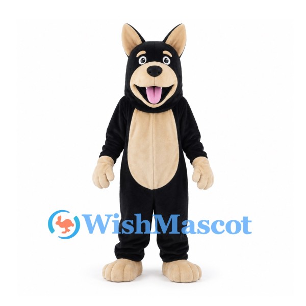 Black Dog Mascot Costume with Tan Belly and Pink Tongue