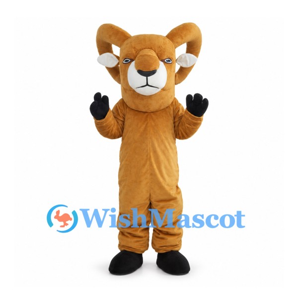 Tan Ram Mascot Costume with Curled Horns and Black Hooves