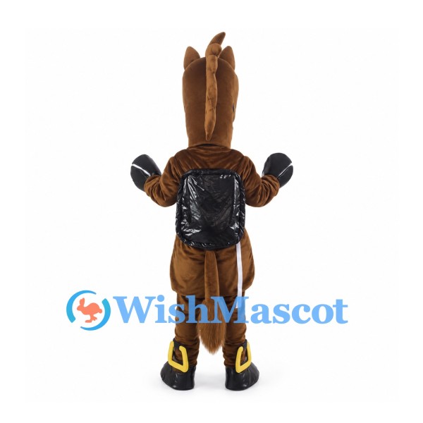 Brown Horse Mascot Costume with Black Knight Armor and Hoof Gloves